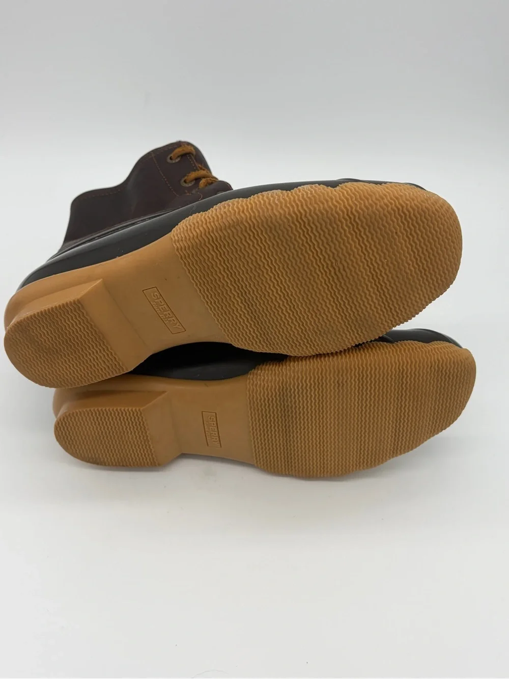 Sperry Brown Leather and Black Rubber Duck Boots with Tan Laces